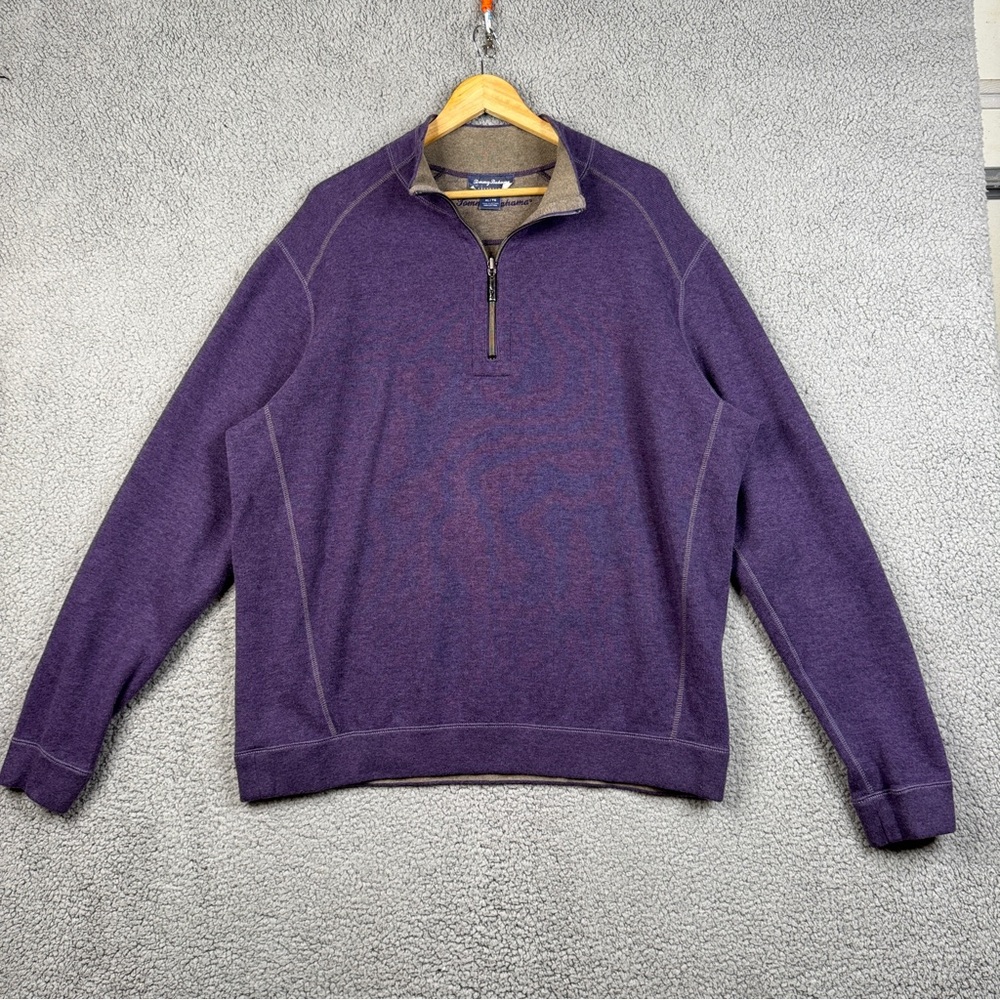 Tommy Bahama Sweater XL Brown/Purple Reversible Cable-Knit Heavyweight 1/4 Zip